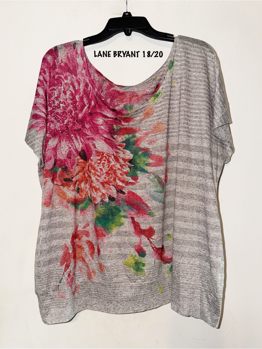 Lane Bryant Women's Gray Floral Scoop Neck Top - Pink & Green Print NWOT 18/20
